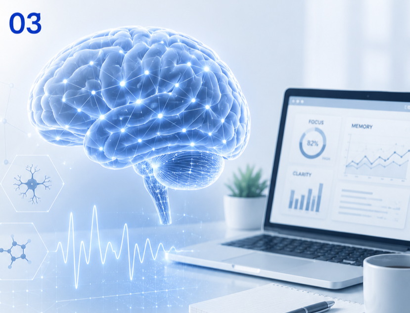 Blue-gray cognitive performance visual with abstract brain and focus dashboard